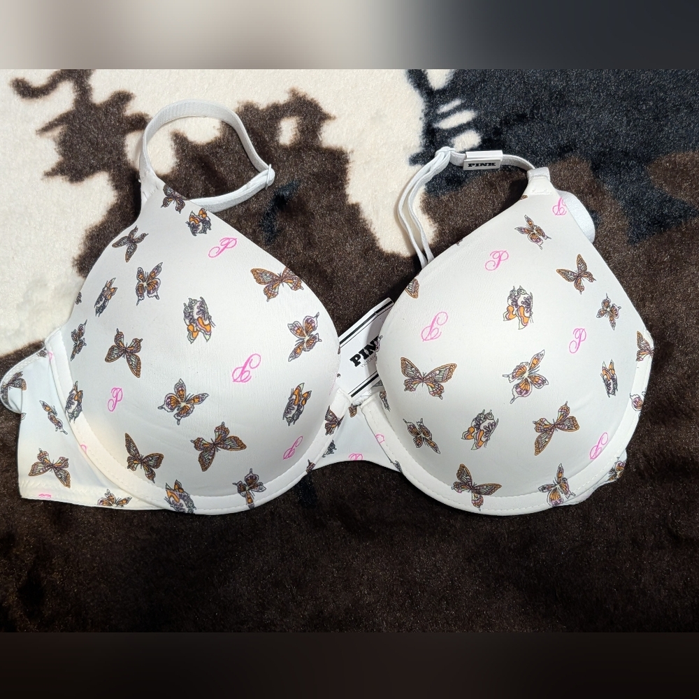 PINK Victoria's Secret White Bra with Butterfly & Pink Logo Print
